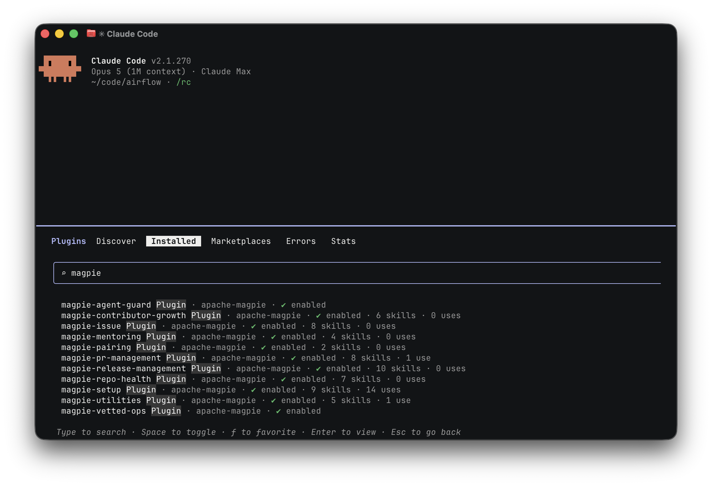 The Claude Code /plugin Installed tab filtered to magpie: eleven plugins from the apache-magpie marketplace, each marked enabled, with its skill count and how many times its skills have been used