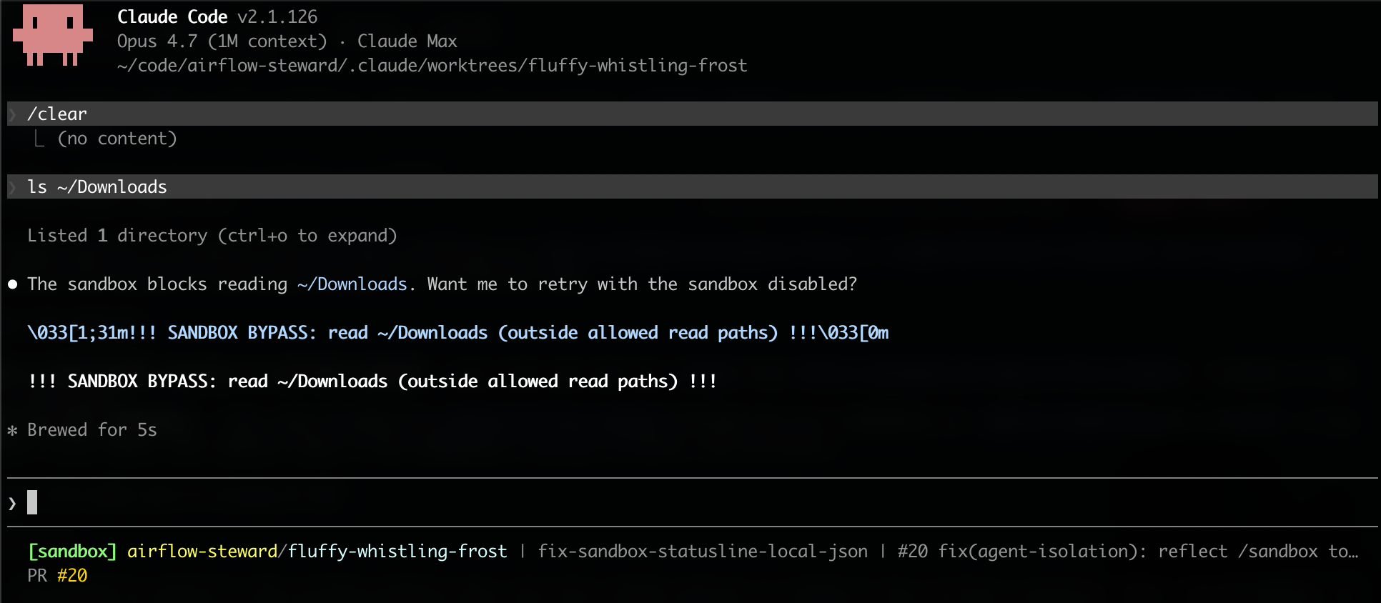 Sandboxed Bash call to ls ~/Downloads blocked by the runtime; surfaced as “read ~/Downloads (outside allowed read paths)” with an offer to retry with the sandbox disabled