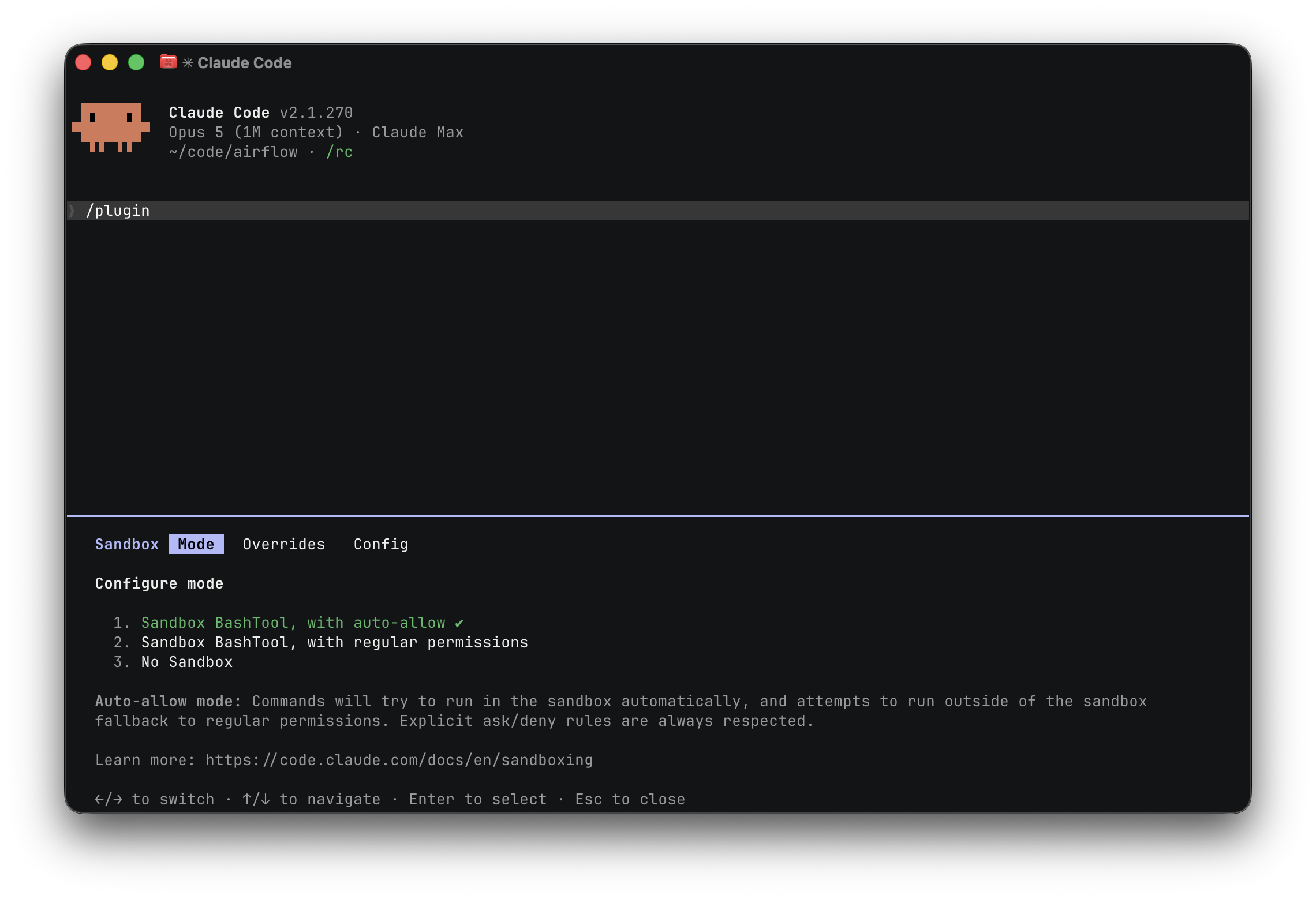 The Claude Code /sandbox mode panel: three modes — sandbox with auto-allow (selected), sandbox with regular permissions, and no sandbox — with auto-allow explained as commands running in the sandbox automatically and falling back to regular permissions outside it