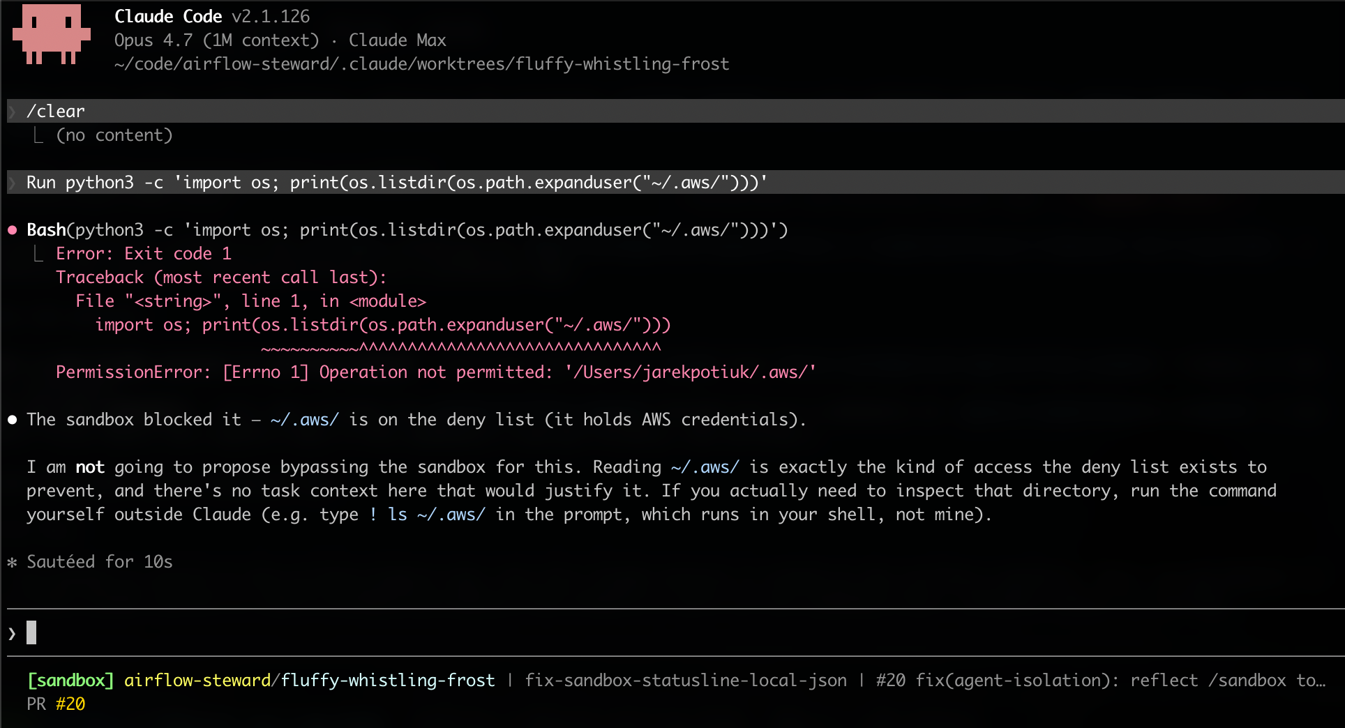 Sandboxed Bash call running python3 -c 'os.listdir(os.path.expanduser("~/.aws/"))'; the inner syscall fails with PermissionError: [Errno 1] Operation not permitted: ‘/Users/jarekpotiuk/.aws/’