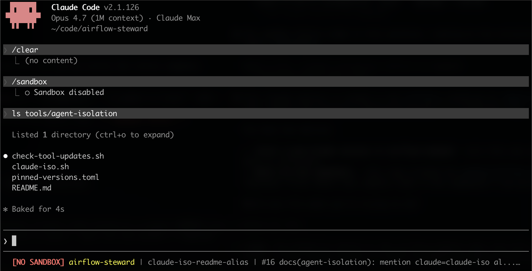 Unsandboxed session: status-line prefix [NO SANDBOX] rendered bold red